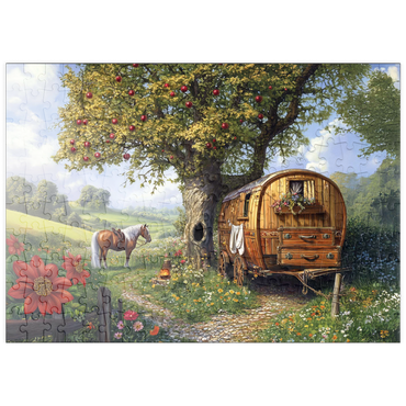Darstellung des Puzzle Motivs puzzleplate Charming Gypsy Caravan with Horse Under an Apple Tree in Blooming Countryside 200 Puzzle