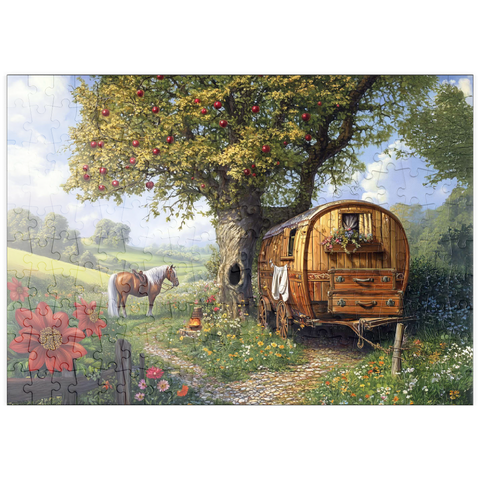 Darstellung des Puzzle Motivs Charmante Zigeunerwagen mit Pferd unter einem Apfelbaum in blühender Landschaft puzzleplate Charming Gypsy Caravan with Horse Under an Apple Tree in Blooming Countryside 200 Puzzle