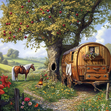 Darstellung des Puzzle Motivs Charming Gypsy Caravan with Horse Under an Apple Tree in Blooming Countryside 200 Puzzle 3D Modell