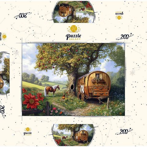 Darstellung des Puzzle Motivs Charmante Zigeunerwagen mit Pferd unter einem Apfelbaum in blühender Landschaft Charming Gypsy Caravan with Horse Under an Apple Tree in Blooming Countryside 200 Puzzle Schachtel 3D Modell