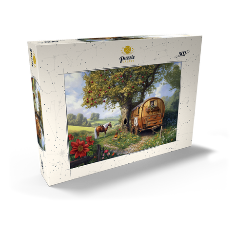 Darstellung des Puzzle Motivs Charmante Zigeunerwagen mit Pferd unter einem Apfelbaum in blühender Landschaft Charming Gypsy Caravan with Horse Under an Apple Tree in Blooming Countryside 500 Puzzle Schachtel Ansicht2