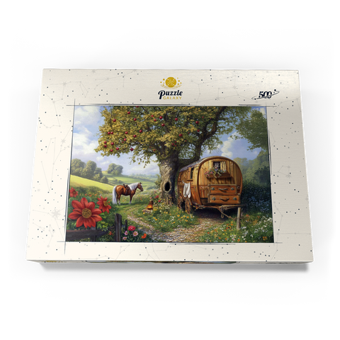 Darstellung des Puzzle Motivs Charmante Zigeunerwagen mit Pferd unter einem Apfelbaum in blühender Landschaft Charming Gypsy Caravan with Horse Under an Apple Tree in Blooming Countryside 500 Puzzle Schachtel Ansicht3
