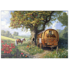 Darstellung des Puzzle-Motivs Charmante Zigeunerwagen mit Pferd unter einem Apfelbaum in blühender Landschaft – Puzzleteile: 500