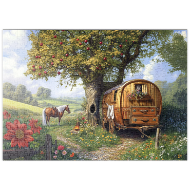 Darstellung des Puzzle Motivs puzzleplate Charming Gypsy Caravan with Horse Under an Apple Tree in Blooming Countryside 500 Puzzle