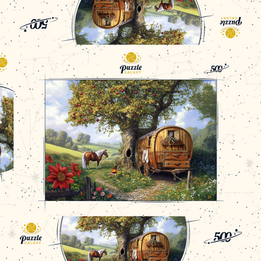 Darstellung des Puzzle Motivs Charming Gypsy Caravan with Horse Under an Apple Tree in Blooming Countryside 500 Puzzle Schachtel 3D Modell