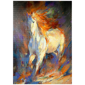 Darstellung des Puzzle-Motivs Feuriger weißer Hengst in Bewegung – Puzzleteile: 1000