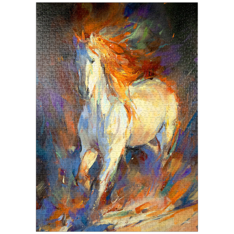 Darstellung des Puzzle Motivs Feuriger weißer Hengst in Bewegung puzzleplate Fiery White Stallion in Motion 1000 Puzzle