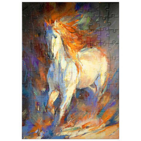 Darstellung des Puzzle Motivs Feuriger weißer Hengst in Bewegung puzzleplate Fiery White Stallion in Motion 100 Puzzle