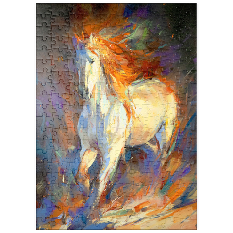 Darstellung des Puzzle Motivs Feuriger weißer Hengst in Bewegung puzzleplate Fiery White Stallion in Motion 200 Puzzle