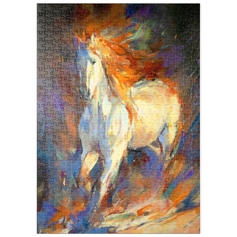 Darstellung des Puzzle Motivs Feuriger weißer Hengst in Bewegung puzzleplate Fiery White Stallion in Motion 500 Puzzle