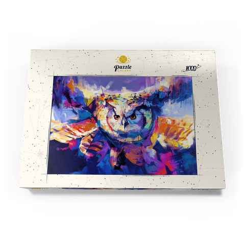 Darstellung des Puzzle Motivs Bunte Virginia-Uhu im Flug Colorful Great Horned Owl in Flight 1000 Puzzle Schachtel Ansicht3