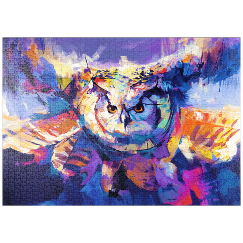 Darstellung des Puzzle Motivs Bunte Virginia-Uhu im Flug puzzleplate Colorful Great Horned Owl in Flight 1000 Puzzle