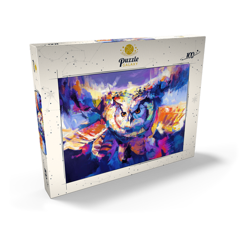 Darstellung des Puzzle Motivs Bunte Virginia-Uhu im Flug Colorful Great Horned Owl in Flight 100 Puzzle Schachtel Ansicht2