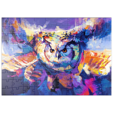 Darstellung des Puzzle Motivs puzzleplate Colorful Great Horned Owl in Flight 100 Puzzle