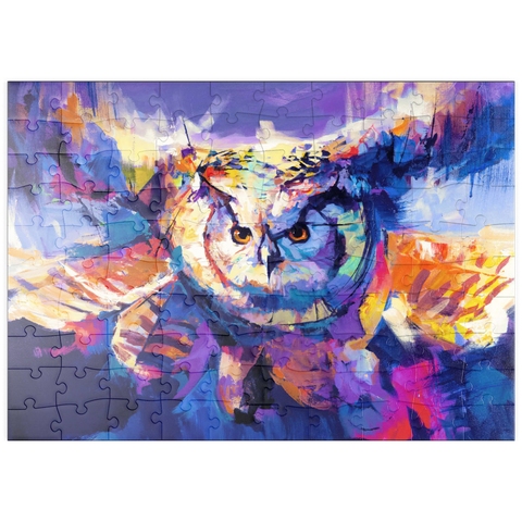 Darstellung des Puzzle Motivs Bunte Virginia-Uhu im Flug puzzleplate Colorful Great Horned Owl in Flight 100 Puzzle