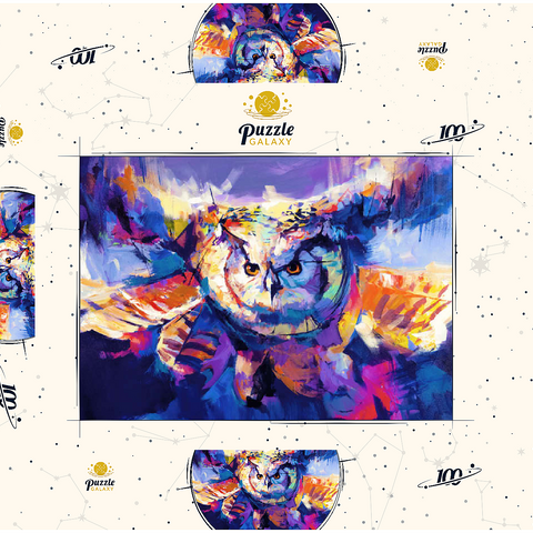 Darstellung des Puzzle Motivs Bunte Virginia-Uhu im Flug Colorful Great Horned Owl in Flight 100 Puzzle Schachtel 3D Modell
