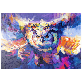 Darstellung des Puzzle-Motivs Bunte Virginia-Uhu im Flug – Puzzleteile: 200