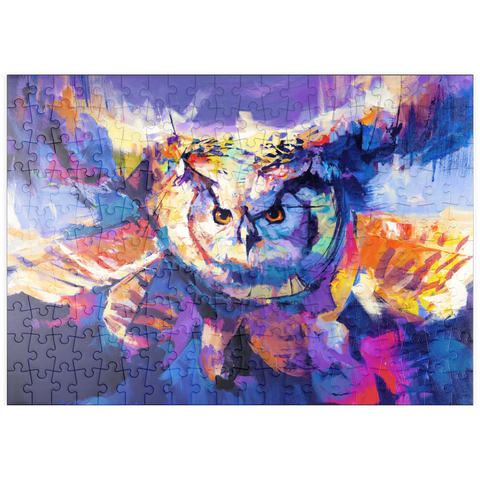 Darstellung des Puzzle Motivs Bunte Virginia-Uhu im Flug puzzleplate Colorful Great Horned Owl in Flight 200 Puzzle