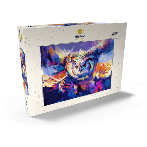 Darstellung des Puzzle Motivs Bunte Virginia-Uhu im Flug Colorful Great Horned Owl in Flight 500 Puzzle Schachtel Ansicht2