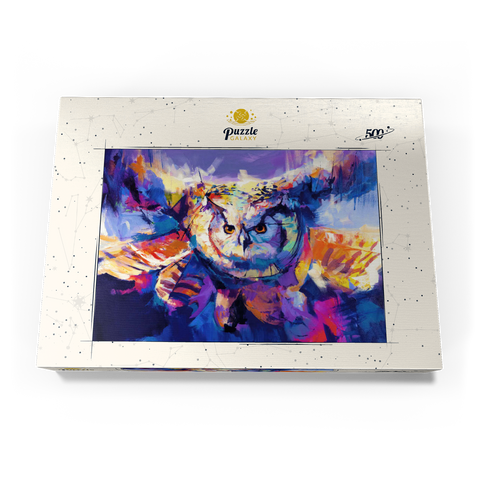 Darstellung des Puzzle Motivs Bunte Virginia-Uhu im Flug Colorful Great Horned Owl in Flight 500 Puzzle Schachtel Ansicht3