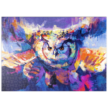 Darstellung des Puzzle Motivs puzzleplate Colorful Great Horned Owl in Flight 500 Puzzle