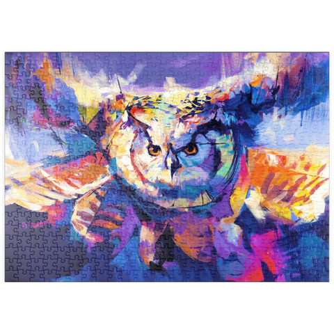Darstellung des Puzzle Motivs Bunte Virginia-Uhu im Flug puzzleplate Colorful Great Horned Owl in Flight 500 Puzzle