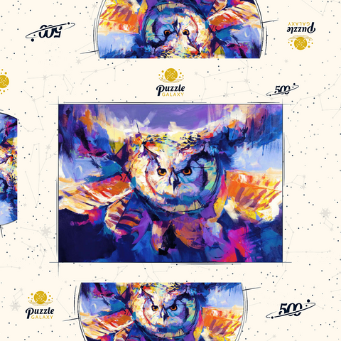 Darstellung des Puzzle Motivs Bunte Virginia-Uhu im Flug Colorful Great Horned Owl in Flight 500 Puzzle Schachtel 3D Modell