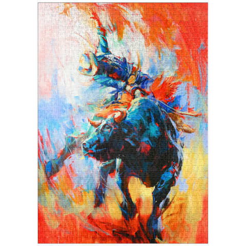 Darstellung des Puzzle Motivs Rodeo-Bull-Reiter in lebhafter Bewegung puzzleplate Rodeo Bull Rider in Vivid Motion 1000 Puzzle