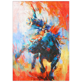 Darstellung des Puzzle-Motivs Rodeo-Bull-Reiter in lebhafter Bewegung – Puzzleteile: 200