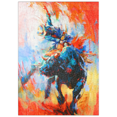 Darstellung des Puzzle Motivs Rodeo-Bull-Reiter in lebhafter Bewegung puzzleplate Rodeo Bull Rider in Vivid Motion 500 Puzzle