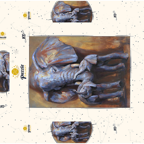 Darstellung des Puzzle Motivs Afrikanische Elefanten Mutter und Kälber African Elephants Mother and Calves 100 Puzzle Schachtel 3D Modell
