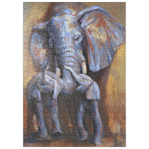 Darstellung des Puzzle Motivs Afrikanische Elefanten Mutter und Kälber puzzleplate African Elephants Mother and Calves 500 Puzzle