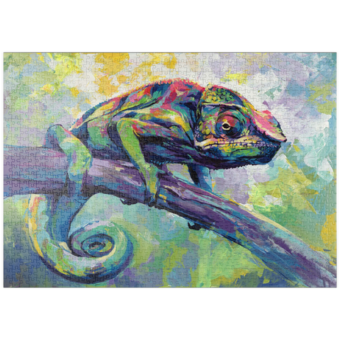 Darstellung des Puzzle Motivs Buntes Pantherchamäleon auf einem Ast puzzleplate Colorful Panther Chameleon on Tree Branch 1000 Puzzle