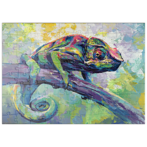 Darstellung des Puzzle Motivs Buntes Pantherchamäleon auf einem Ast puzzleplate Colorful Panther Chameleon on Tree Branch 100 Puzzle