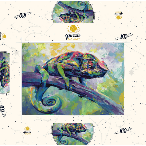 Darstellung des Puzzle Motivs Buntes Pantherchamäleon auf einem Ast Colorful Panther Chameleon on Tree Branch 100 Puzzle Schachtel 3D Modell