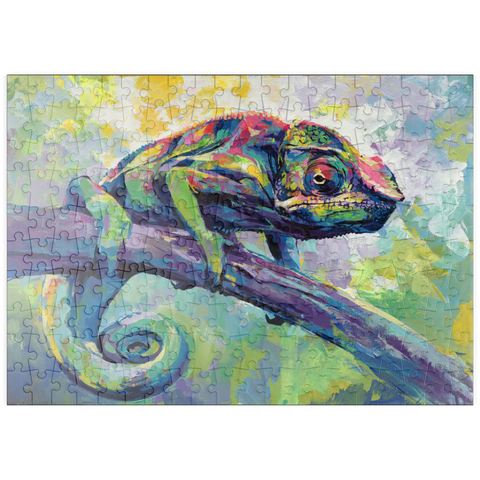 Darstellung des Puzzle Motivs Buntes Pantherchamäleon auf einem Ast puzzleplate Colorful Panther Chameleon on Tree Branch 200 Puzzle