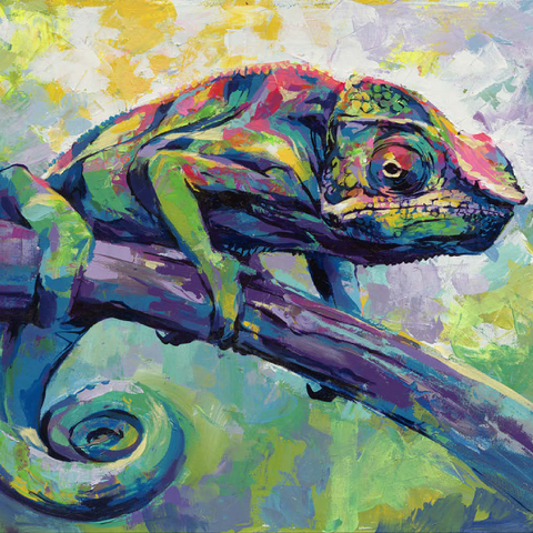 Darstellung des Puzzle Motivs Buntes Pantherchamäleon auf einem Ast Colorful Panther Chameleon on Tree Branch 200 Puzzle 3D Modell