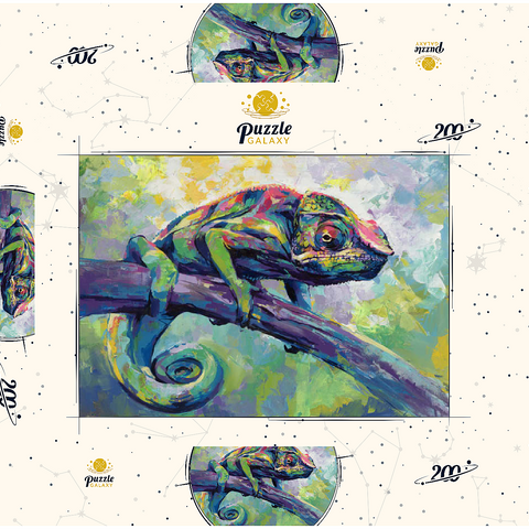 Darstellung des Puzzle Motivs Buntes Pantherchamäleon auf einem Ast Colorful Panther Chameleon on Tree Branch 200 Puzzle Schachtel 3D Modell