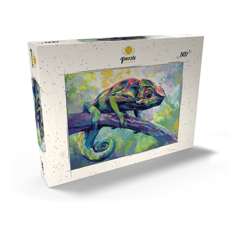 Darstellung des Puzzle Motivs Buntes Pantherchamäleon auf einem Ast Colorful Panther Chameleon on Tree Branch 500 Puzzle Schachtel Ansicht2