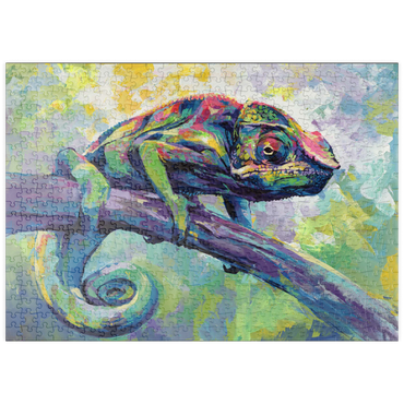 Darstellung des Puzzle Motivs puzzleplate Colorful Panther Chameleon on Tree Branch 500 Puzzle