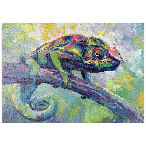 Darstellung des Puzzle Motivs Buntes Pantherchamäleon auf einem Ast puzzleplate Colorful Panther Chameleon on Tree Branch 500 Puzzle