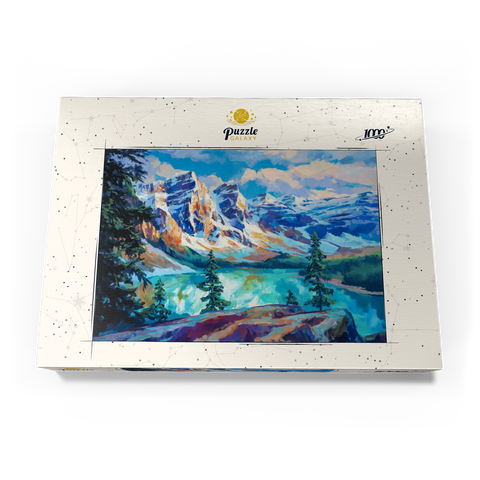 Darstellung des Puzzle Motivs Schneebedeckte Gipfel über dem Smaragdsee Snow-Capped Peaks Above Emerald Lake 1000 Puzzle Schachtel Ansicht3