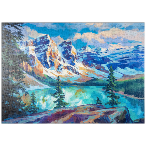 Darstellung des Puzzle Motivs Schneebedeckte Gipfel über dem Smaragdsee puzzleplate Snow-Capped Peaks Above Emerald Lake 1000 Puzzle