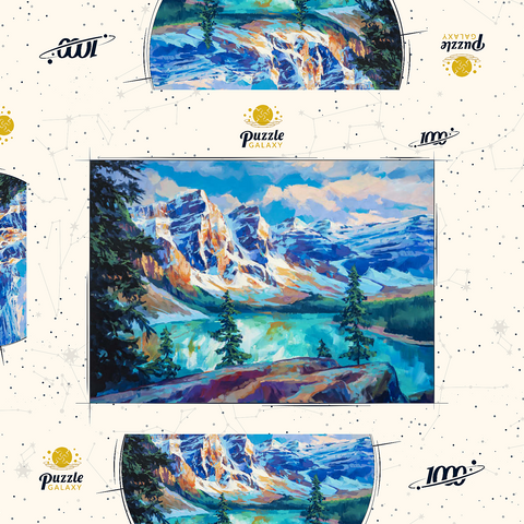 Darstellung des Puzzle Motivs Schneebedeckte Gipfel über dem Smaragdsee Snow-Capped Peaks Above Emerald Lake 1000 Puzzle Schachtel 3D Modell