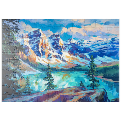 Darstellung des Puzzle Motivs Schneebedeckte Gipfel über dem Smaragdsee puzzleplate Snow-Capped Peaks Above Emerald Lake 100 Puzzle