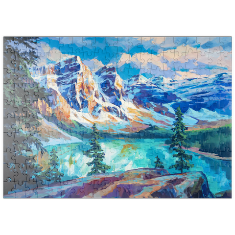 Darstellung des Puzzle Motivs Schneebedeckte Gipfel über dem Smaragdsee puzzleplate Snow-Capped Peaks Above Emerald Lake 200 Puzzle