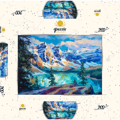 Darstellung des Puzzle Motivs Schneebedeckte Gipfel über dem Smaragdsee Snow-Capped Peaks Above Emerald Lake 200 Puzzle Schachtel 3D Modell