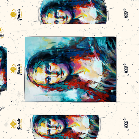 Darstellung des Puzzle Motivs Mona Lisa im Stil des Abstrakten Expressionismus Mona Lisa in Abstract Expressionist Style 1000 Puzzle Schachtel 3D Modell
