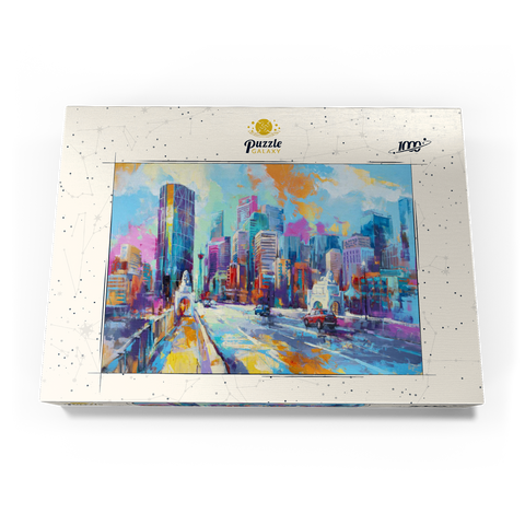 Darstellung des Puzzle Motivs Lebendige Stadt skyline in ausdrucksstarkem Kunststil Vibrant Urban Skyline in Expressive Art Style 1000 Puzzle Schachtel Ansicht3