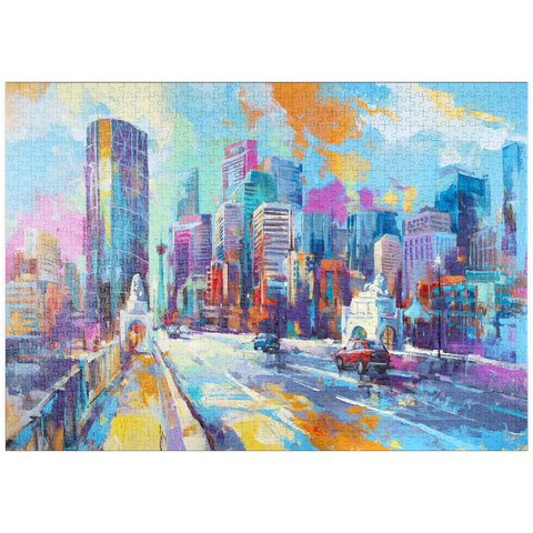 Darstellung des Puzzle Motivs Lebendige Stadt skyline in ausdrucksstarkem Kunststil puzzleplate Vibrant Urban Skyline in Expressive Art Style 1000 Puzzle